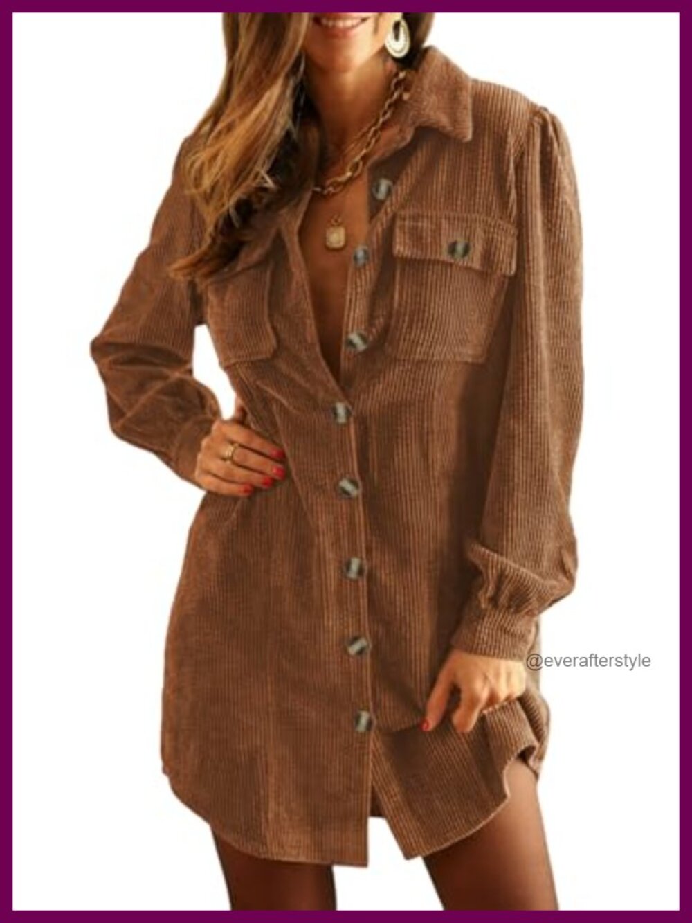 Corduroy Long Sleeve Button Down Tunic Dress with Pockets Casual Work